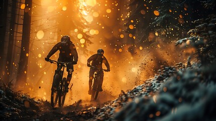 Two mountain bikers riding in the dark forest, with dramatic lighting and dust effects