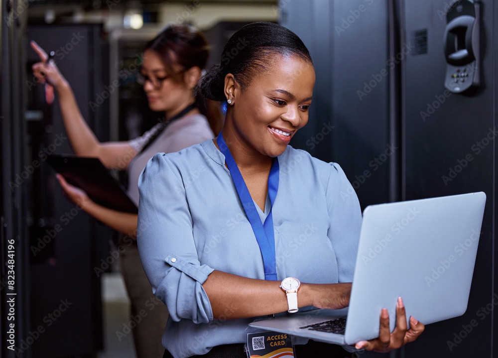Poster Server, technician and people programming maintenance on laptop with teamwork in IT and engineering. Datacenter, repair and programmer with engineer problem solving to fix technology in collaboration