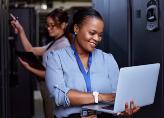 Server, technician and people programming maintenance on laptop with teamwork in IT and...