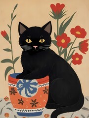 Floral Black Cat Painting Generative AI Illustration 