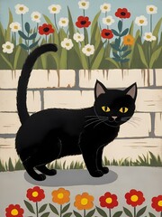 Floral Black Cat Painting Generative AI Illustration 