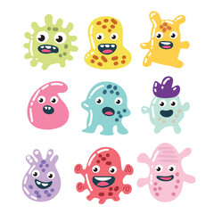 Naklejka premium Collection of cute microbes characters in flat style. Hand drawn vector art.
