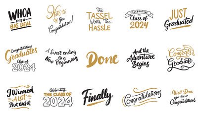 Collection of text lettering for graduation party. Just graduated. Hand drawn vector art.