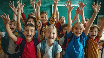 Childhood and school. Portrait of funny group of classmates from elementary school having fun in classroom. Smiling boys and girls with backpacks on their shoulders stand in row with raised hands 