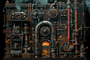 An intricate steampunk machine with numerous pipes, gears, and gauges, all centered around a glowing furnace.