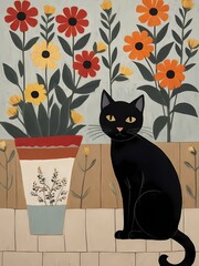 Floral Black Cat Painting Generative AI Illustration 