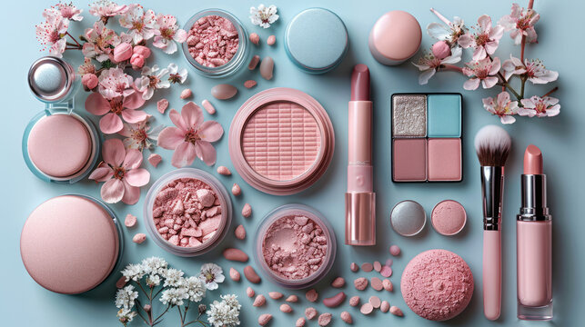 Lots of cosmetics and flowers, spring collection of makeup, creams and skin products, beauty and fashion. generative ai