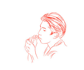 orange line sketch, a man burning a cigarette on a white background