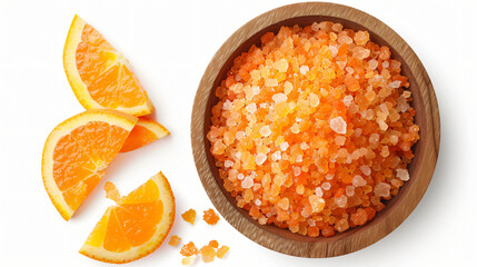 Orange salt in wooden bowl isolated on white top view