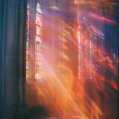 Brilliant Sunlight Filtering Through Ornate Stained Glass Windows,Casting Ethereal Beams of Light Upon the Intricate Gothic Architecture of a Majestic Cathedral Interior The Serene and Contemplative