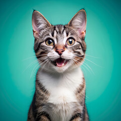 Obraz premium Close-up of a surprised ginger cat with open mouth against