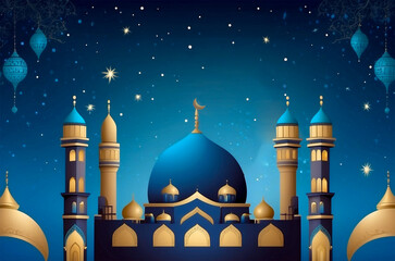  Ramadan Background With blue and gold building with a crescent on top
