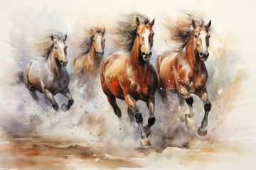 Dynamic watercolor painting of majestic horses galloping in a wild herd, capturing the beauty and motion of these lively animals