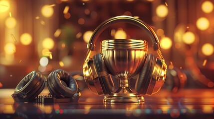 Commemorate symphonic achievement with an illustration showcasing a gleaming gold trophy accompanied by a set of premium headphones, marking the triumph of a skilled musician in a grand music competit