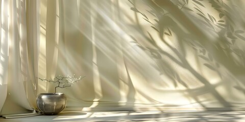 3D render of sunlight casting shadow on beige wall with curtains. Concept 3D Rendering, Sunlight Shadows, Beige Wall, Curtains