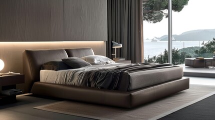 Fototapeta premium modern bedroom design, with a beige stucco wall setting the tone for a minimalist bed adorned with clean lines and subtle accents, creating a refined and elegant atmosphere.
