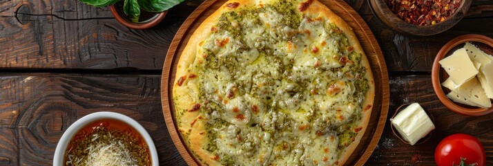 Pesto Focaccia, Fresh Italian Bread Tortilla with Green Sauce, Mozzarella, Grated Parmesan Cheese, Butter, Greens