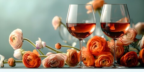 Still life with red wine flowers and glasses against bluegreen background. Concept Still Life, Red Wine, Flowers, Glasses, Blue-Green Background
