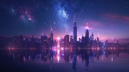 Fototapeta premium Illuminated Skyscrapers: Futuristic City Skyline Under Starry Night Sky