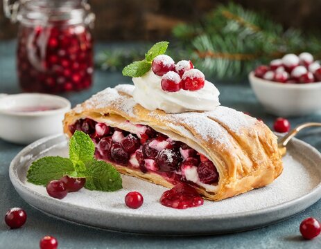 Preiselbeerstrudel mit frischen roten Preiselbeeren, Preiselbeerso&szlig;e, Sahne und Minze