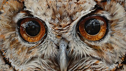 Craft a detailed portrait of a curious owl, showcasing its mesmerizing eyes, intricate feather patterns, and inquisitive expression. This high-resolution image is perfect for nature lovers, birdwatchi