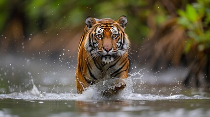 Within dense mangrove forests of the Sundarbans a Bengal tiger prowls silently through the murky waters
