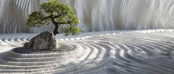 Tranquil Zen garden with meticulously raked gravel, bonsai trees, and a peaceful ambiance