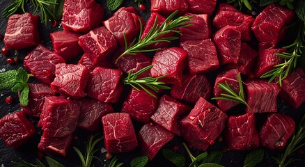 Cubed pieces of raw low fat goulash beef pieces on table wit herbs and spices.Macro.AI Generative.