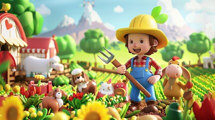 A 3D rendered cartoon illustration of a cheerful farmer, standing in a vibrant field with a pitchfork in hand, surrounded by farm animals and crops. The scene is filled with bright colors and a joyful