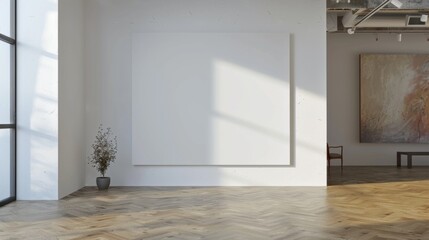 A white wall with a large blank canvas and a potted plant in front of it. The room is empty and has a minimalist feel