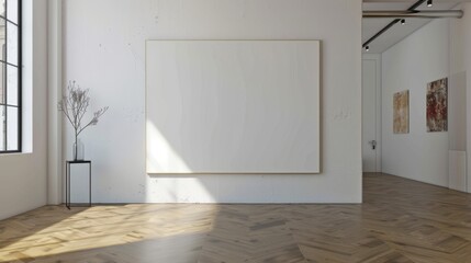 A large white wall with a black frame and a white vase with flowers on it. The room is empty and has a clean, minimalist look