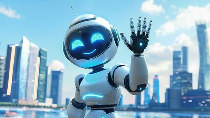 3D rendered cartoon of a friendly robot waving hello, with a futuristic cityscape in the background. The robot has a sleek design and a cheerful expression, emphasizing a friendly demeanor 