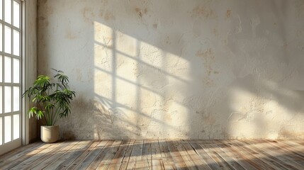 A large empty room with a window and a plant. The room is very bright and open, with sunlight streaming in through the window. The plant adds a touch of greenery to the space