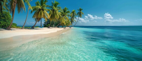 Fototapeta premium Tropical island paradise with white sandy beaches, turquoise waters, and palm trees swaying in the breeze