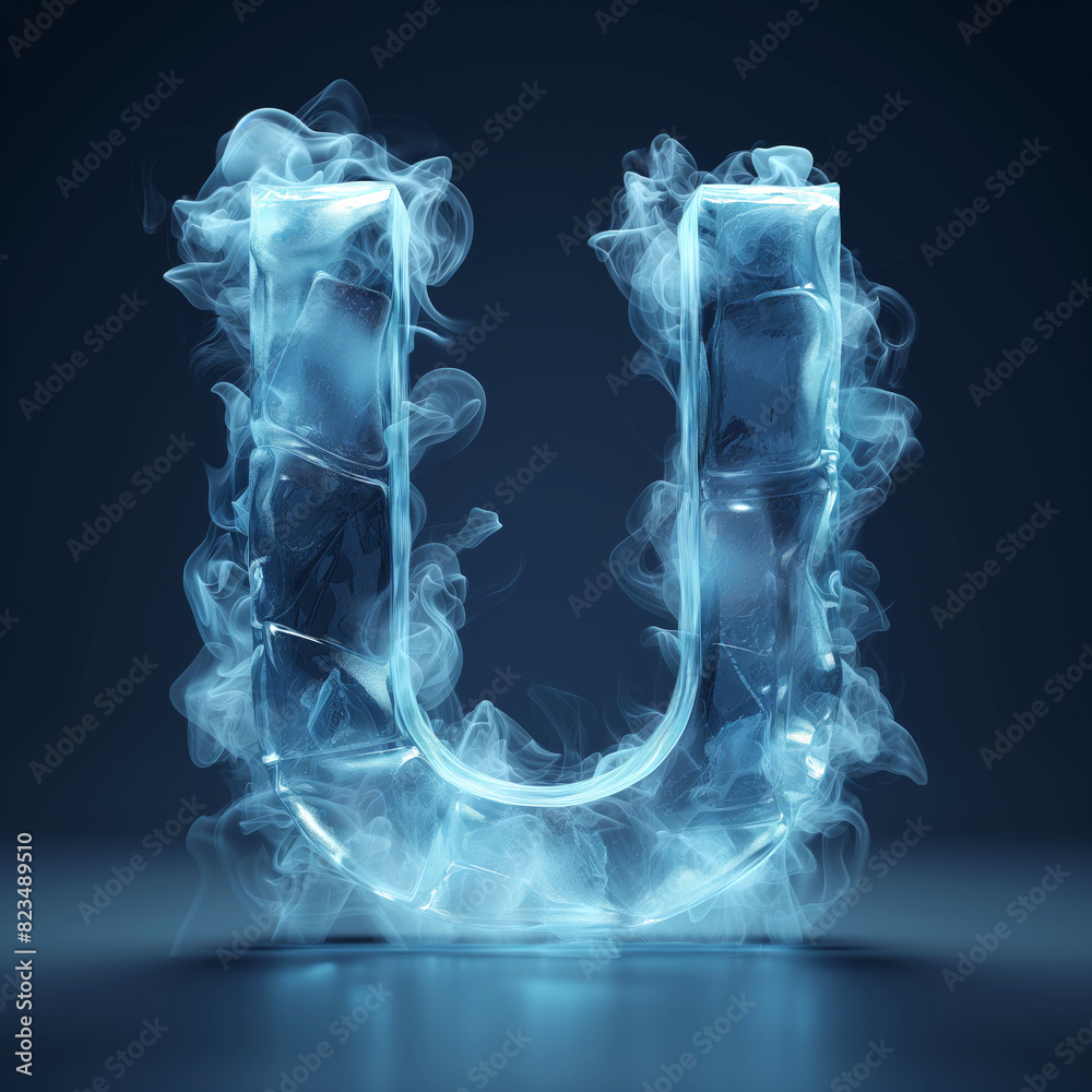Wall mural Abstract 3D render letter U made of block of ice on dark blue grey background. Logo Letter U from ice block with steam around. Design clipart element. Poster, Wallpaper. 3D illustration render. - Wall murals