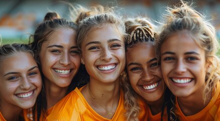 Fototapeta premium Portrait of young happy female soccer football players celebrating victory on stadium after match.Macro.AI Generative.