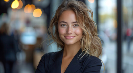 Obraz premium Beautiful smiling young business woman standing on street on sunny summer morning.Macro.AI Generative.