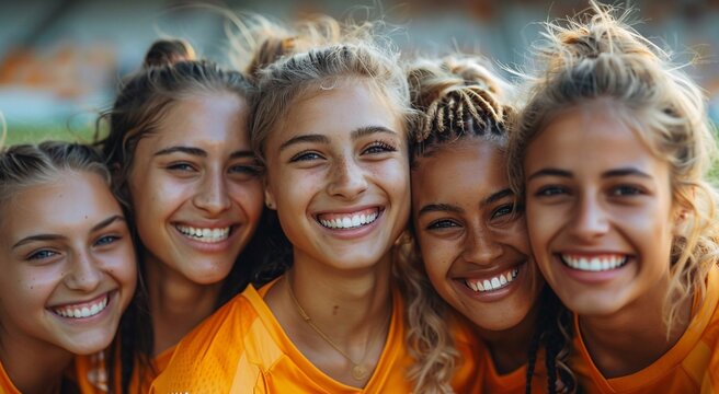 Portrait of young happy female soccer football players celebrating victory on stadium after match.Macro.AI Generative. - Powered by Adobe