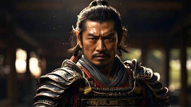 Fierce samurai warrior in traditional Japanese armor portrait feudal Japan