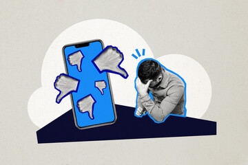 Composite photo collage of sad man sit hold head big iphone screen failure blog thumb down...