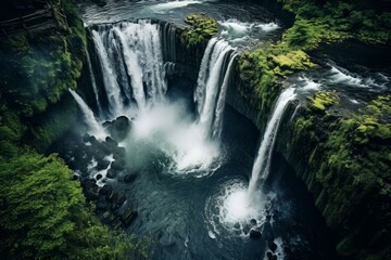Naklejka premium Aerial view of a powerful waterfall surrounded by vibrant greenery and mossy rocks