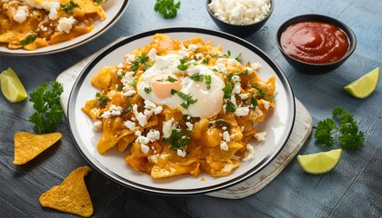 Chilaquiles, a breakfast dish of fried tortillas, salsa, cheese, and eggs, Mexican cuisine, generative AI