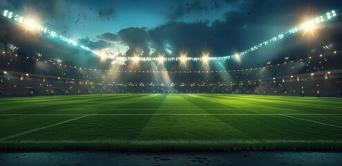 3D illustration of an empty professional soccer stadium at night with fans and lights