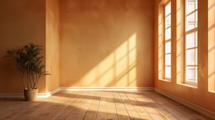 A large empty room with a plant in a vase and a window. The room is bright and airy, with sunlight streaming in through the window