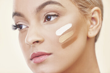 Woman, foundation shade and cheek in studio, skincare and foundation test for skin tone match....