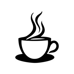 A black and white coffee cup with steam rising from it