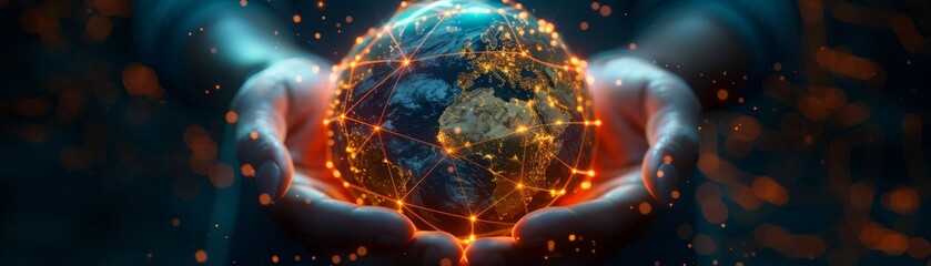 Hands holding a glowing digital Earth with network connections, symbolizing global communication, technology, and connectivity.