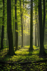 Green forest with beech trees, during spring time, with sun light and shadows, in a morning misty atmosphere.