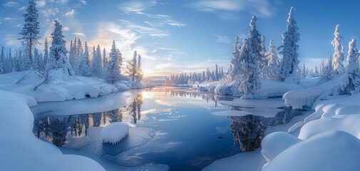 Winter wonderland with snowcovered trees, a frozen river, and northern lights