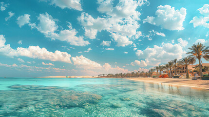 Panoramic view of a beautiful beach palm trees and blu